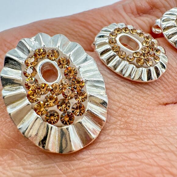 Sterling Silver Orange Crystal Earrings and Pendant Set Vintage 90s 925 - Picture 4 of 12